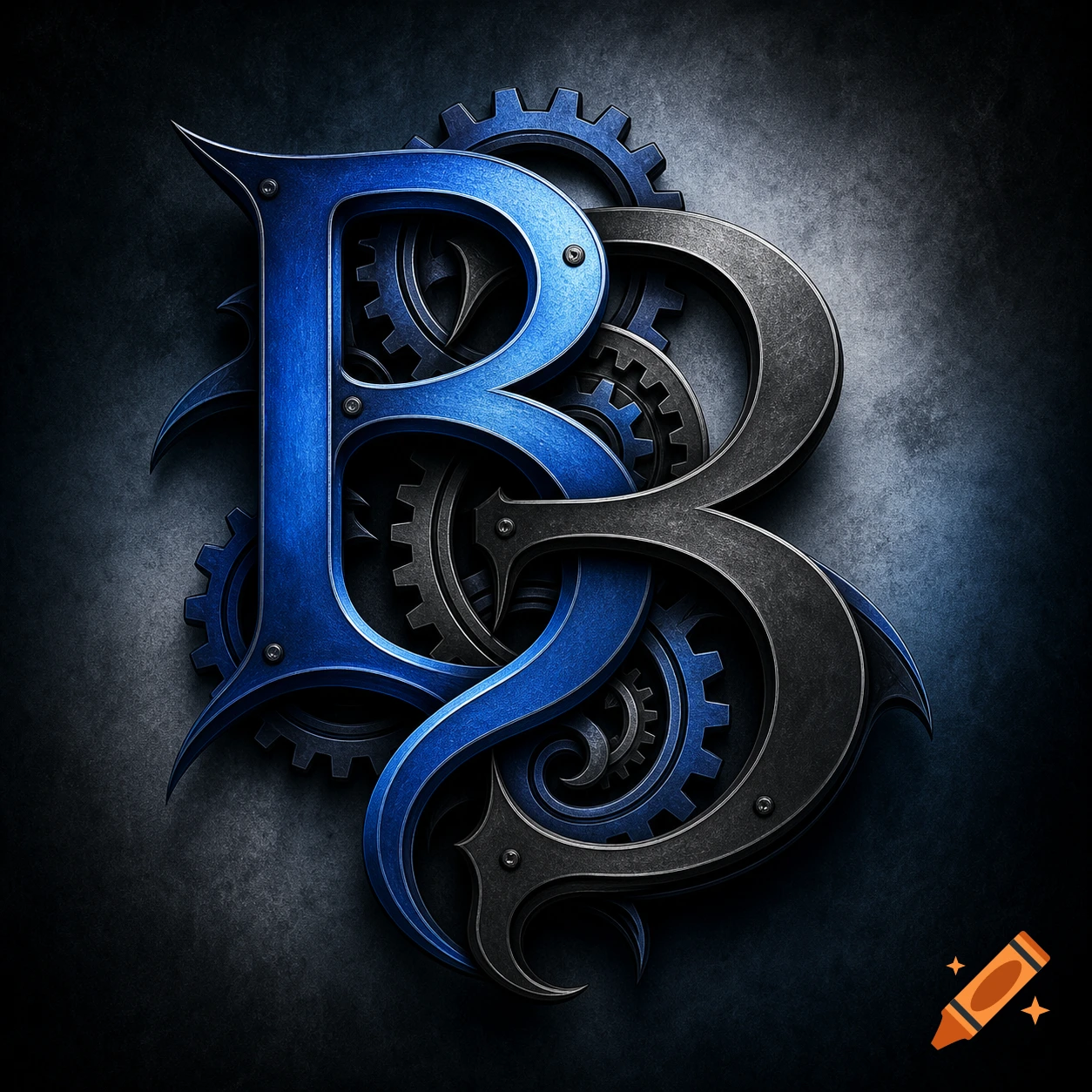 Two interlocking stylized metallic 'B' letters, one blue and one dark grey, with gears on a dark textured background.