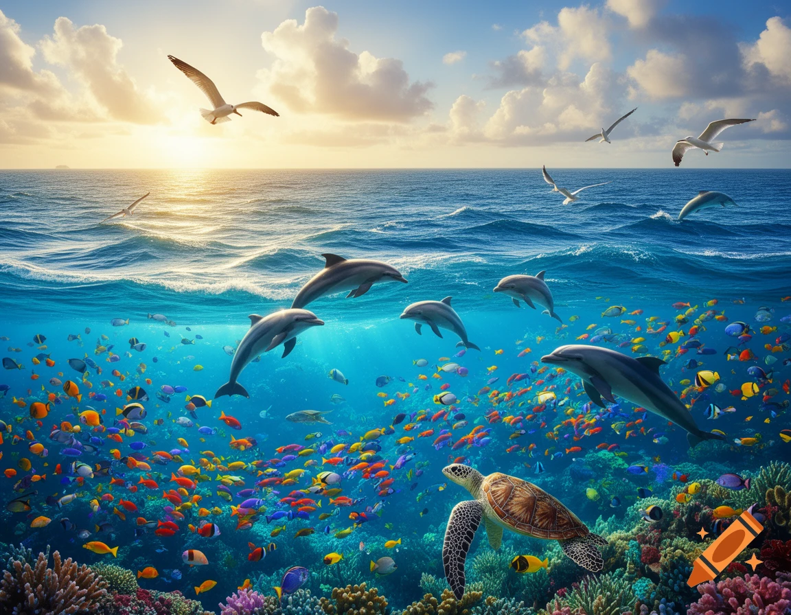 Photorealistic ocean scene with dolphins, colorful fish, and a sea turtle underwater, with seagulls flying over waves at sunset.
