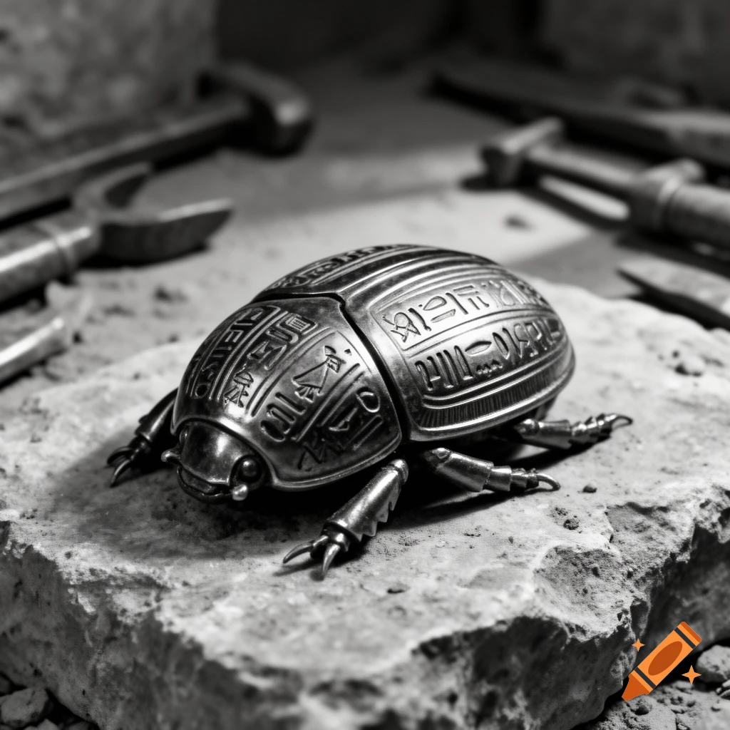Black and white photorealistic image of an ornate metallic Egyptian scarab beetle with hieroglyphs, on a rough stone.