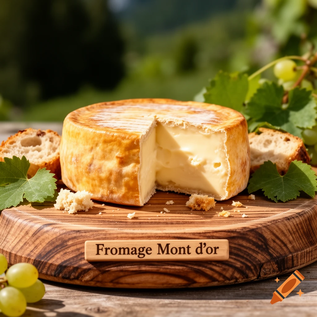 A wheel of Mont d'or cheese with a slice cut out, bread, and grapes on a wooden board outdoors, photorealistic.