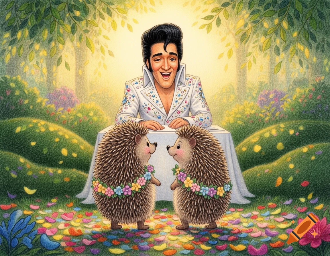 Elvis Presley in a sparkly white suit marries two hedgehogs wearing flower leis in a whimsical colored pencil forest.