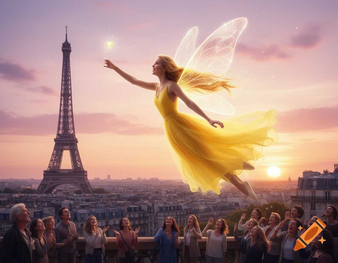 A fairy in a yellow dress with glowing wings flies over Paris at sunset, reaching for a sparkling object, as people below watch.
