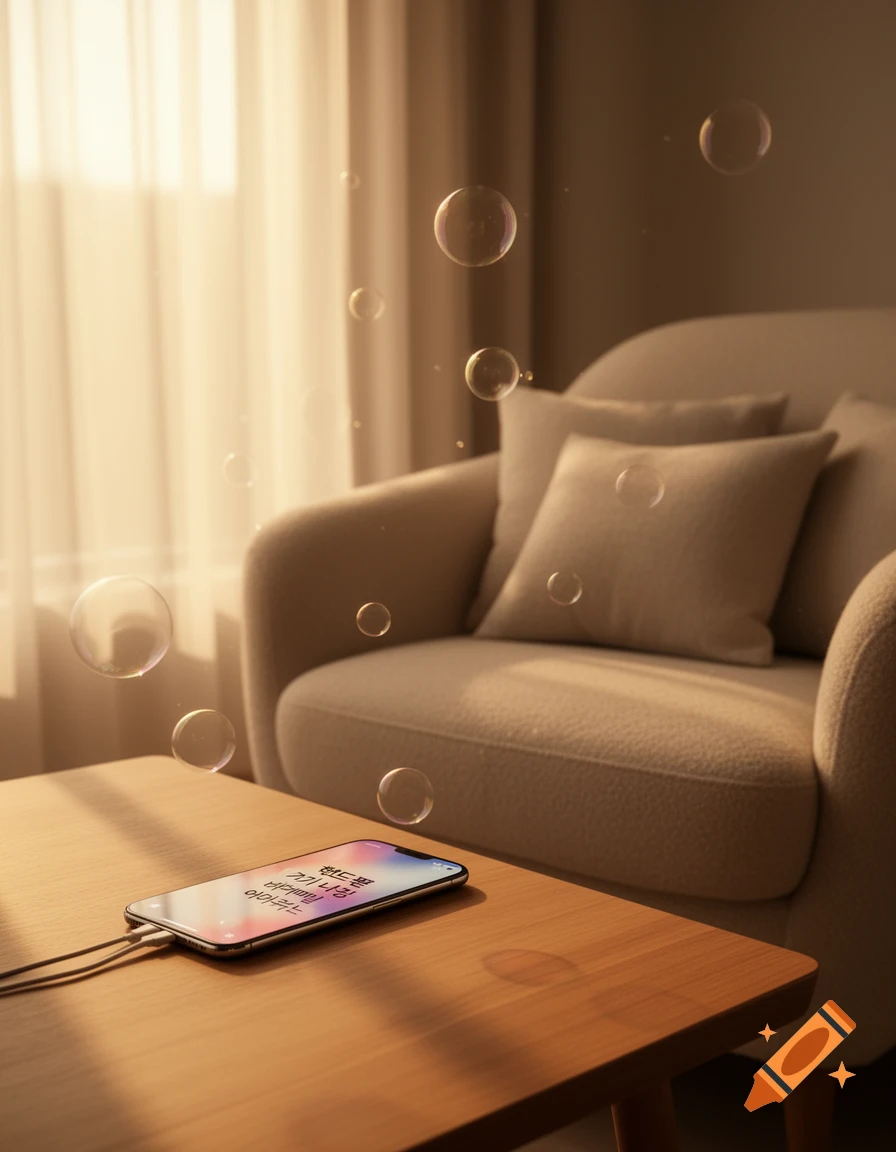 A smartphone on a wooden table, connected to a charger, displays Korean text on its screen while bubbles float around a comfy armchair in a sunlit room.