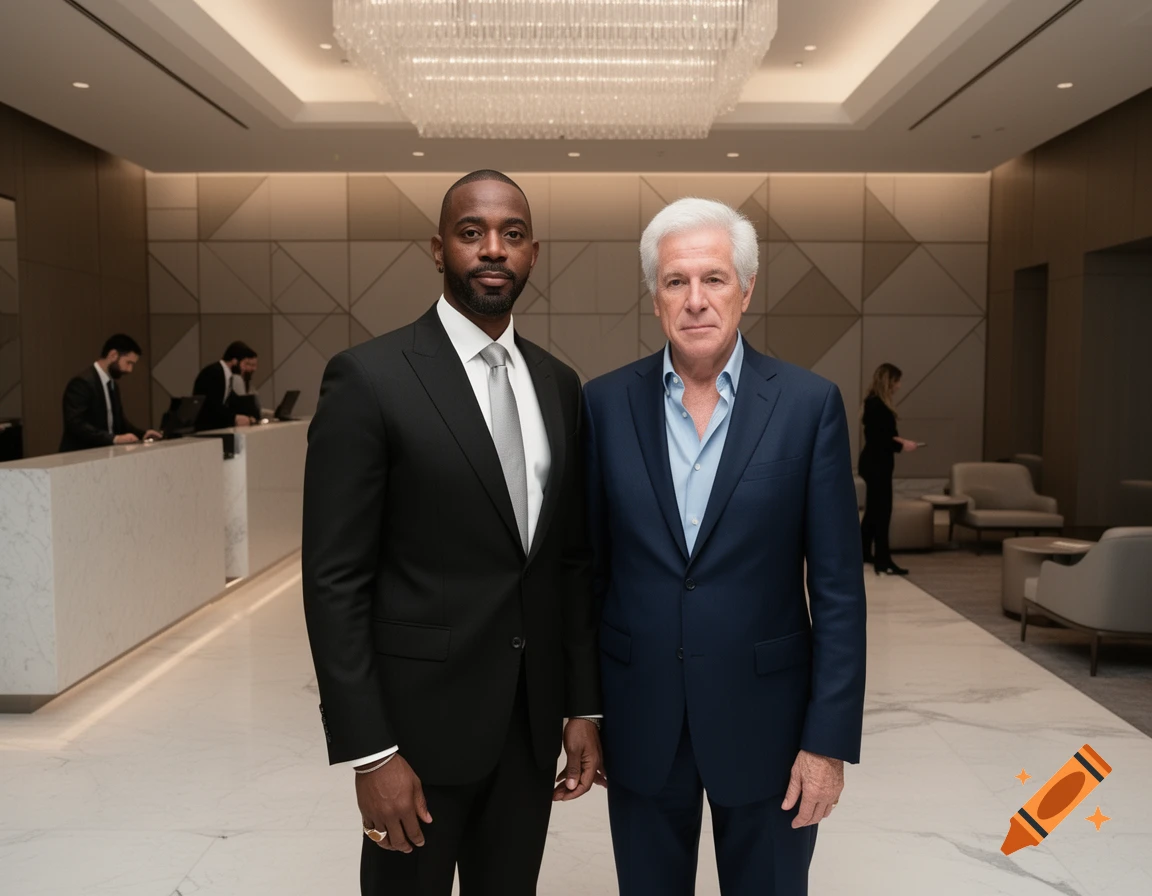 Two men in suits, one Black and one White, stand in a modern, well-lit hotel lobby with a reception desk in the background.