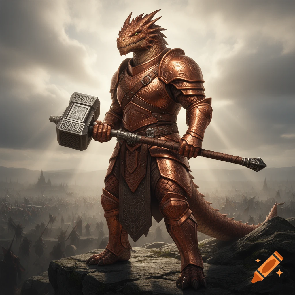 A formidable copper dragonborn paladin in ornate armor stands on a rocky outcrop, holding a large warhammer, overlooking a battlefield under a cloudy sky.