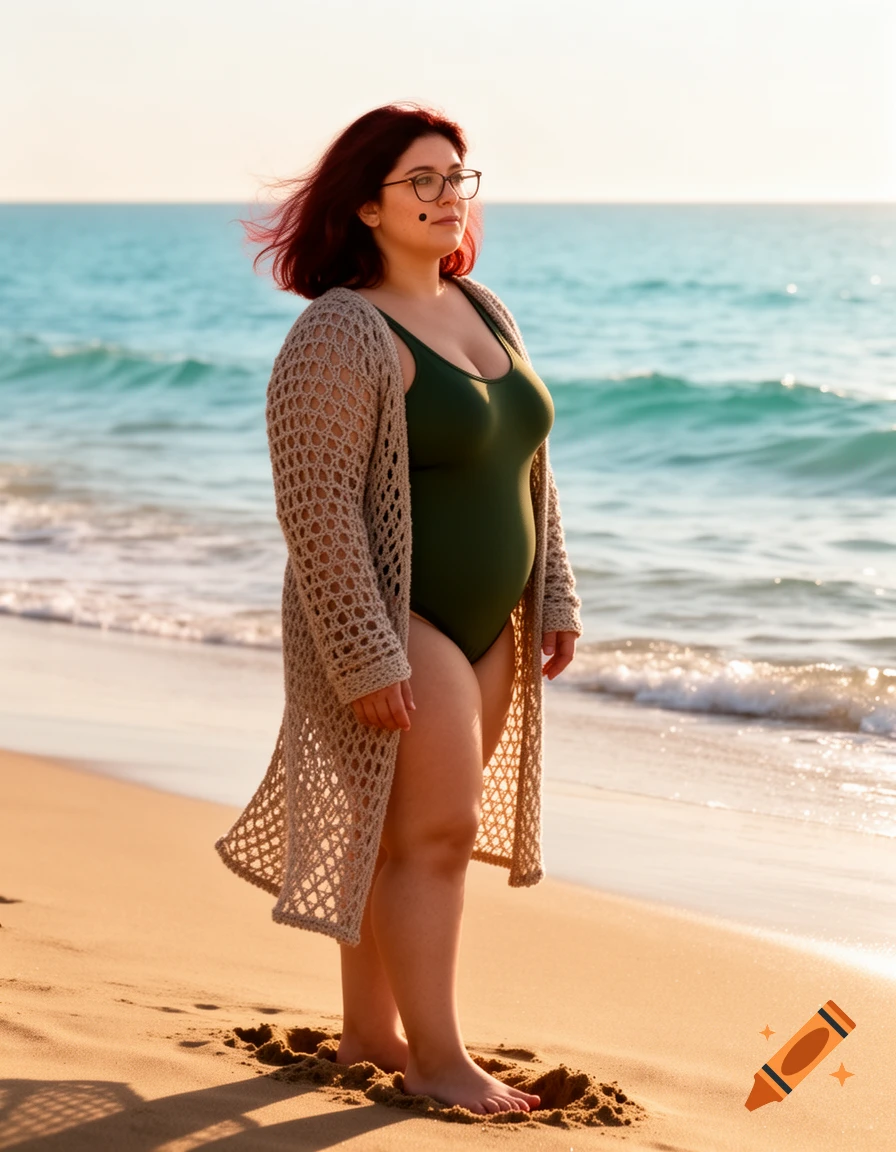 Red-haired woman in glasses, dark green swimsuit, and crochet pullover stands barefoot on a sunny beach by the ocean, looking right.
