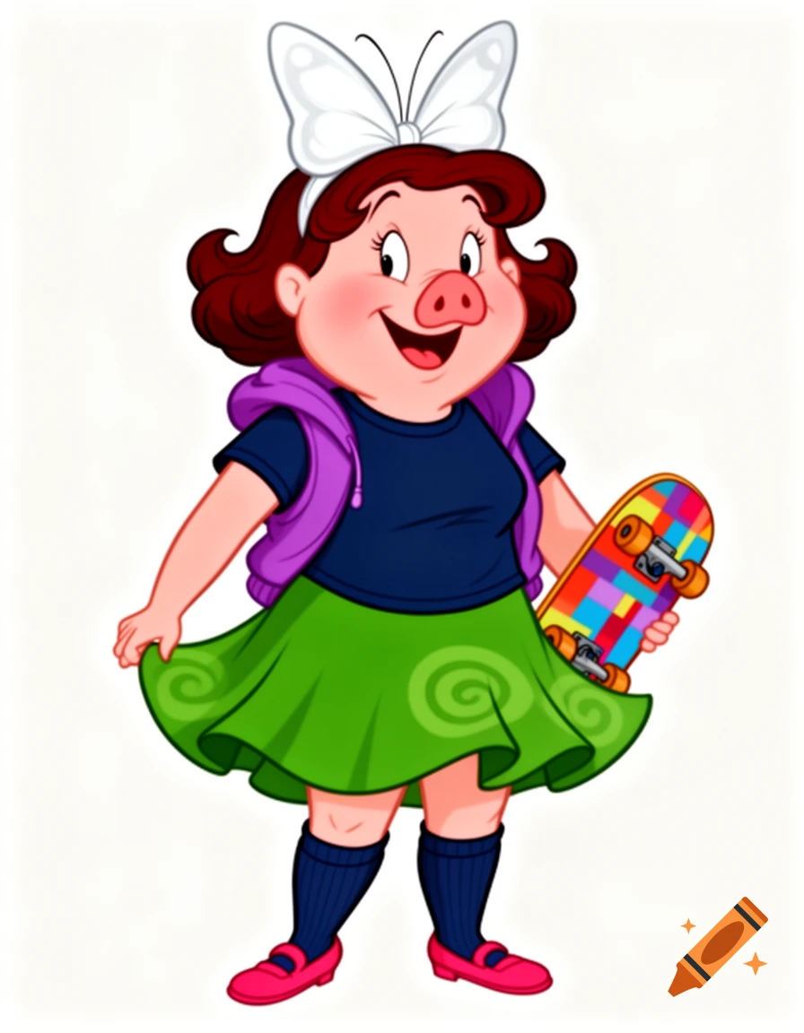 Smiling cartoon pig in a white butterfly bow, dark blue shirt, purple hoodie, green skirt, and dark blue socks, holding a colorful skateboard.