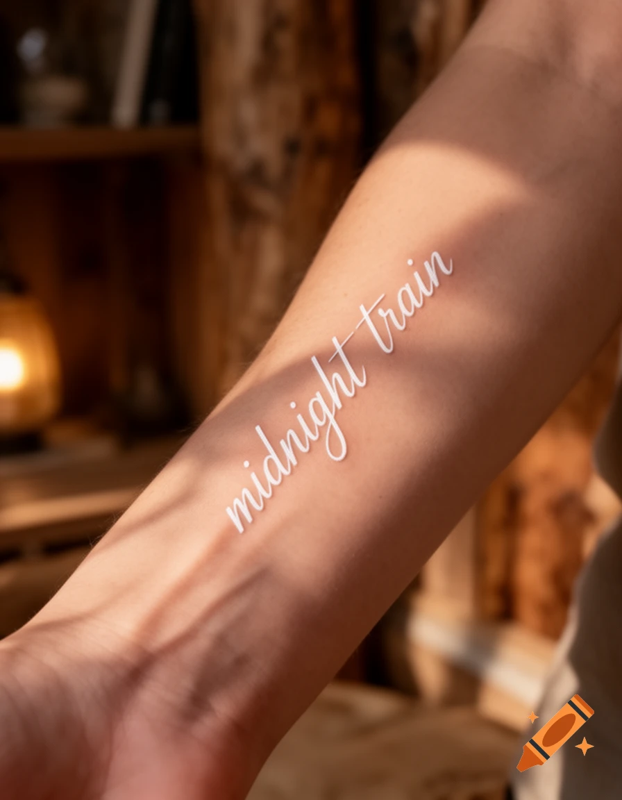 Close-up of a forearm with a white script tattoo that reads "midnight train".