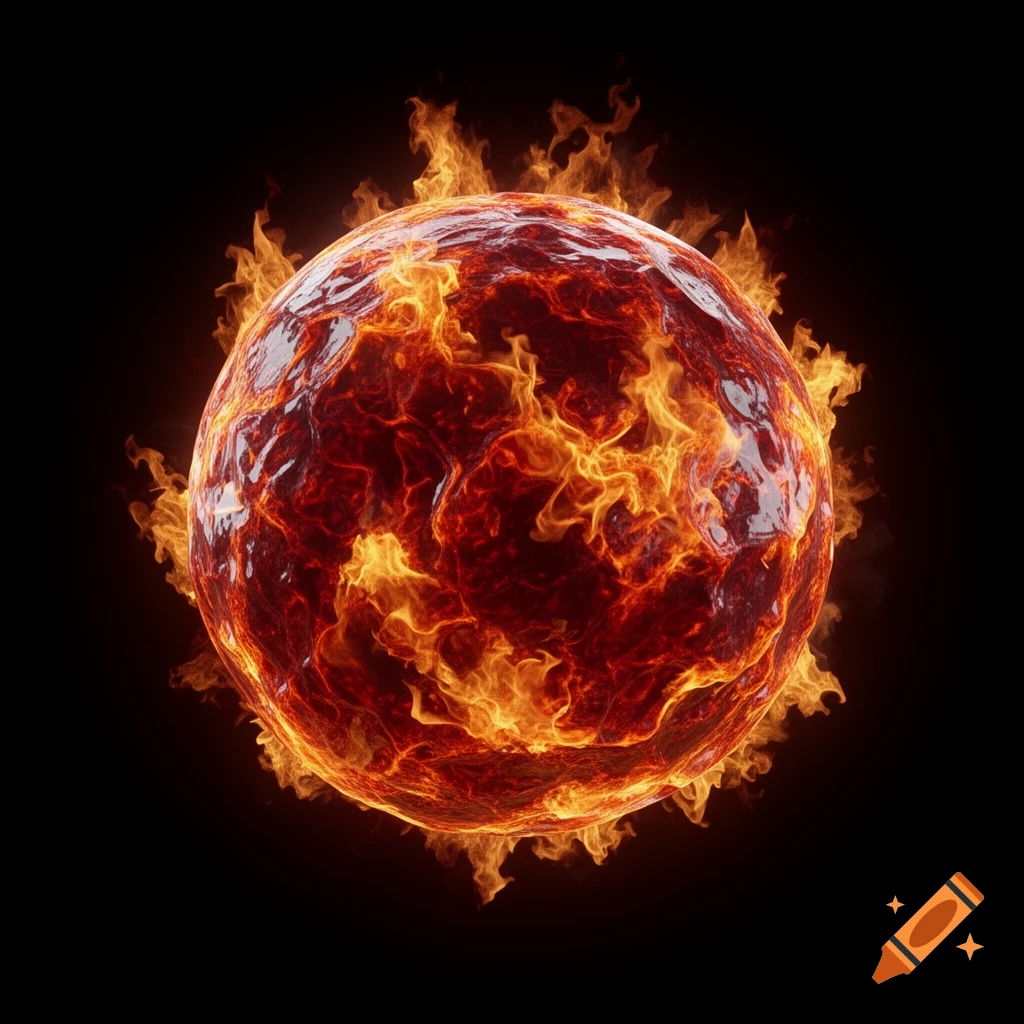 A glowing, textured sphere of molten lava and vibrant orange flames against a dark background.