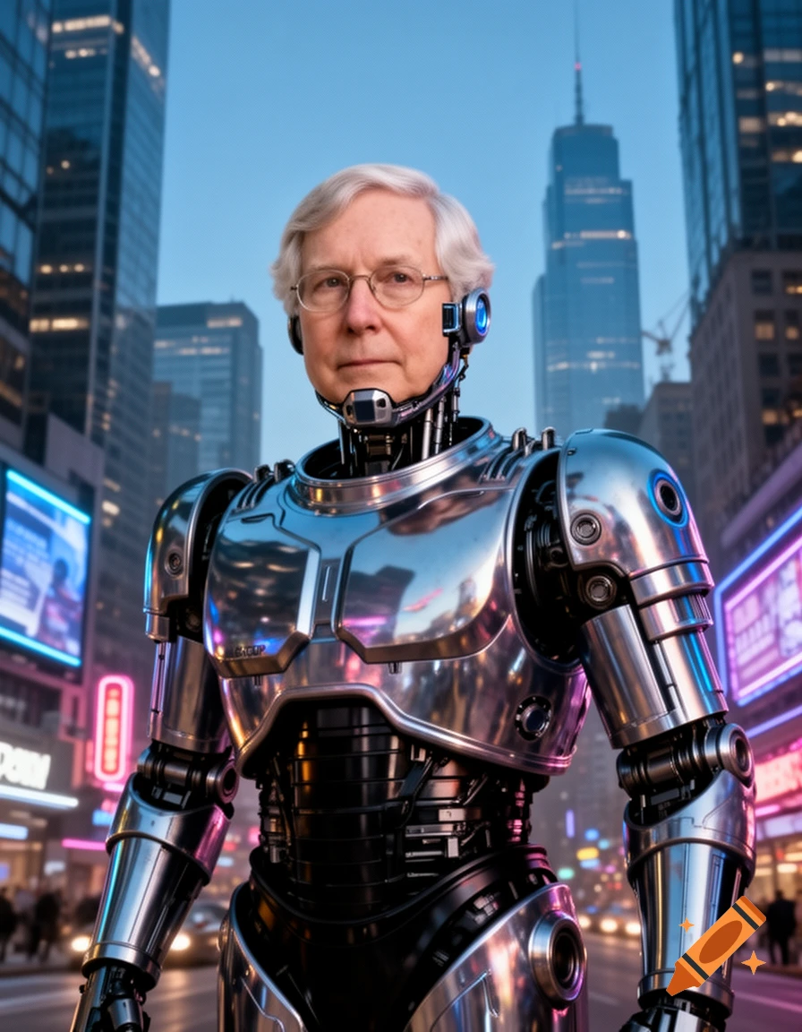 An older man with white hair and glasses, resembling Mitch McConnell, is depicted as Robocop, standing in a futuristic city street at dusk with neon lights.