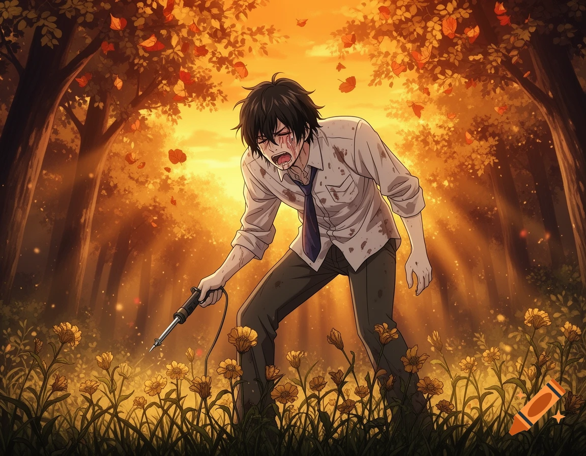 An anime-style character with blood on his face and shirt cries out in a sunset forest, holding a soldering iron amidst yellow flowers.