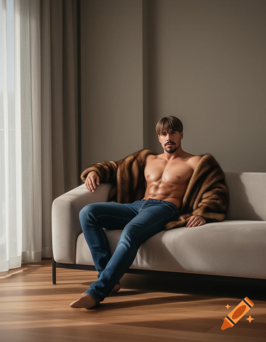A muscular man with a mustache and goatee, wearing a mink coat and jeans, reclines on a sofa in a sunlit room.
