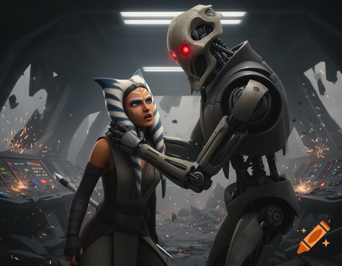Ahsoka Tano is held by the throat by a menacing General Grievous-like robot in a damaged sci-fi setting, with sparks flying.