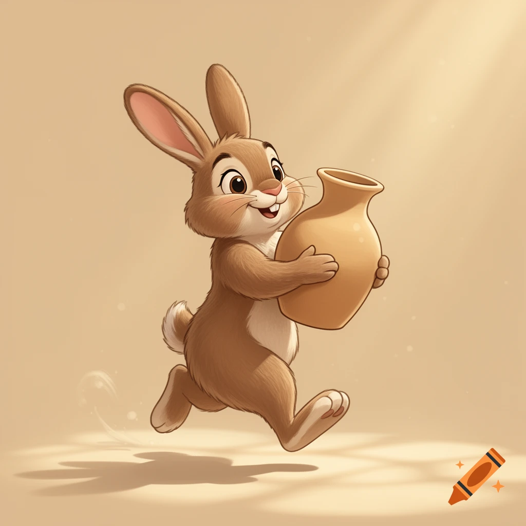 A cute brown cartoon rabbit happily walks across a light tan backdrop, carrying a large empty tan vase.