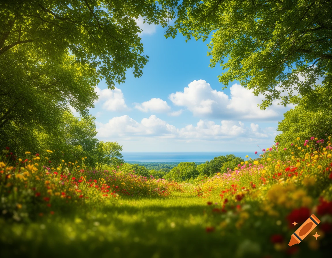 A vibrant, sunny landscape with a field of colorful wildflowers in the foreground, lush green trees, and a distant ocean under a blue sky.