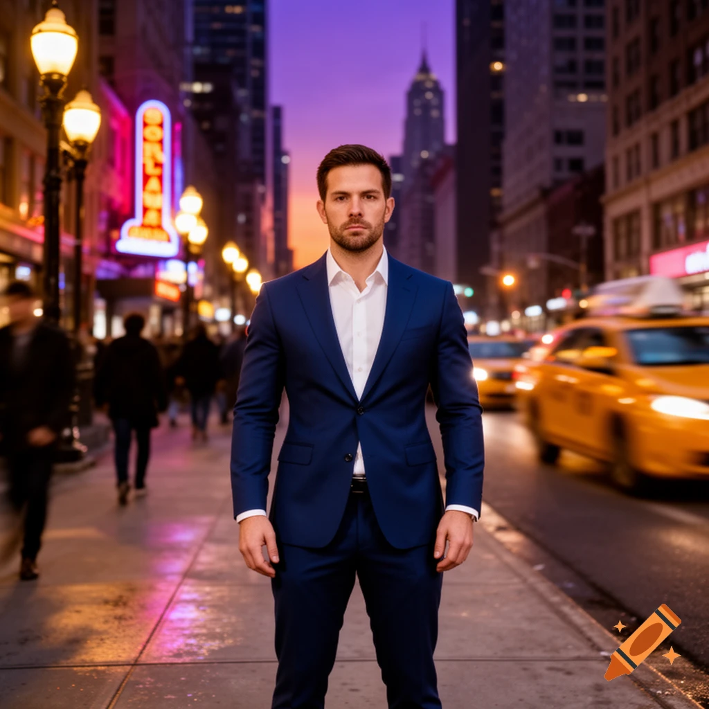 Photorealistic image of a man in a blue suit standing on a vibrant city street at dusk with blurred taxis.