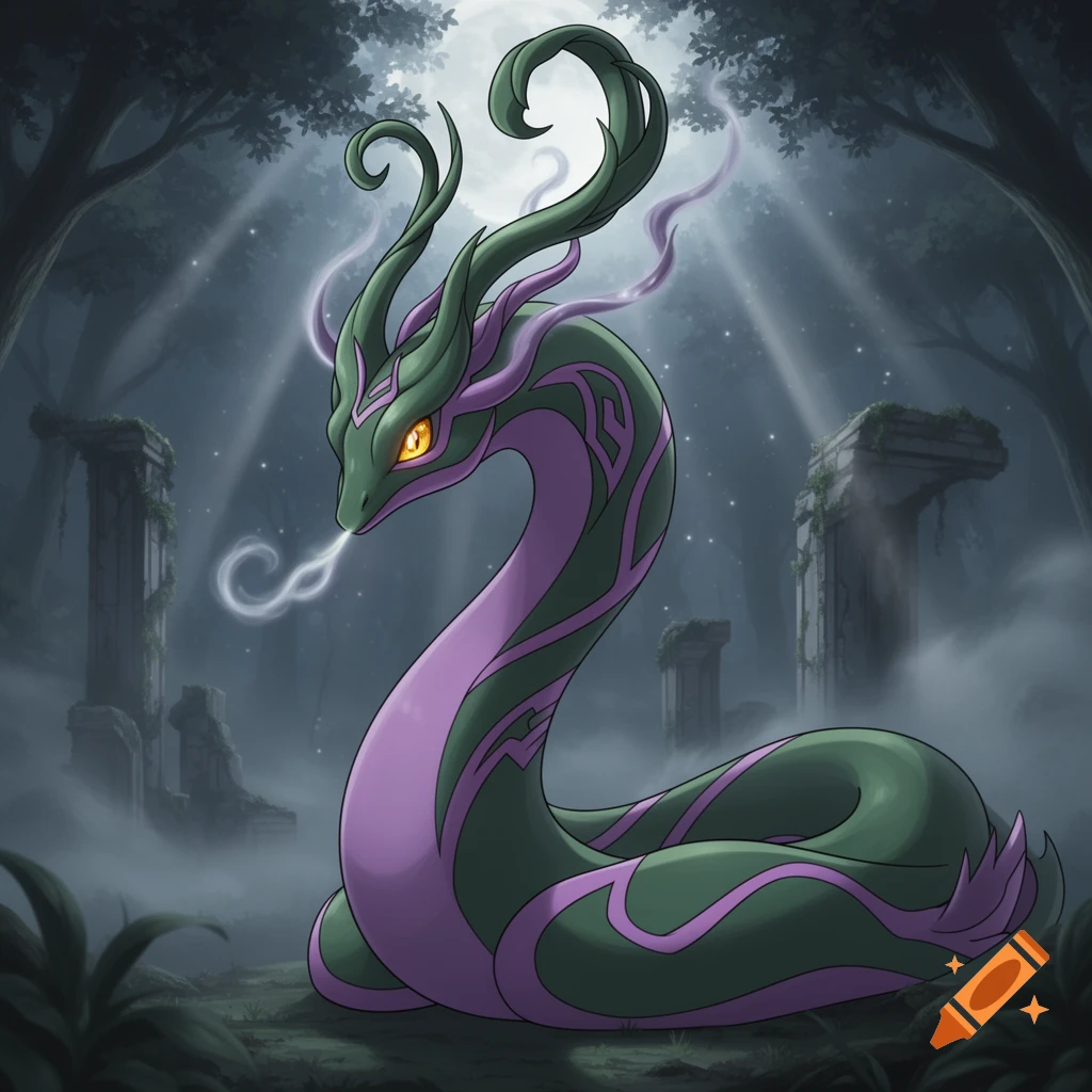 A green and purple serpent-like fantasy creature with leafy horns and glowing eyes sits in a misty forest with ancient ruins, illuminated by light rays.