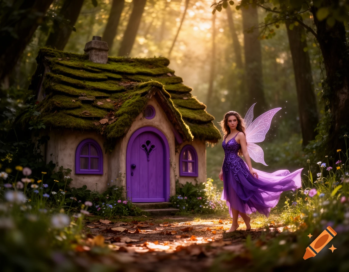 A fairy with delicate wings and a flowing purple gown stands barefoot on a forest path near a moss-covered fairy house with purple doors and windows. Golden sunlight filters through the trees.
