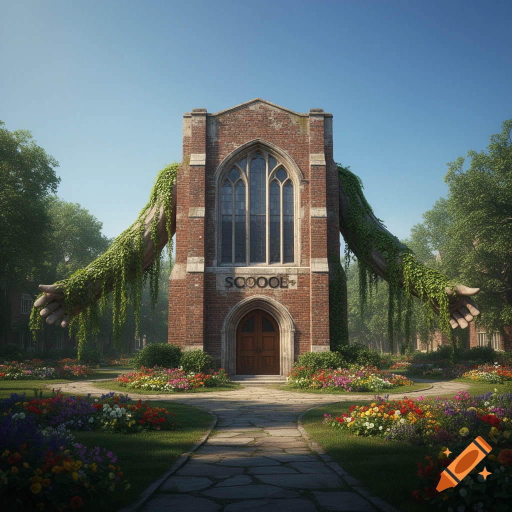A humanized brick school building with ivy-covered arms, surrounded by a vibrant flower garden and a stone path under a clear sky.