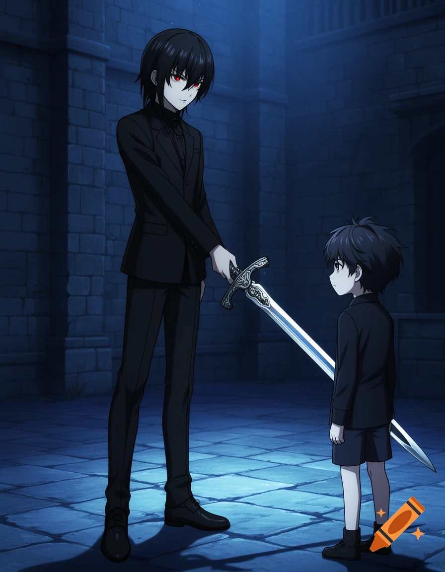 A tall anime character with red eyes offers a glowing sword to a small child in a dark stone room.
