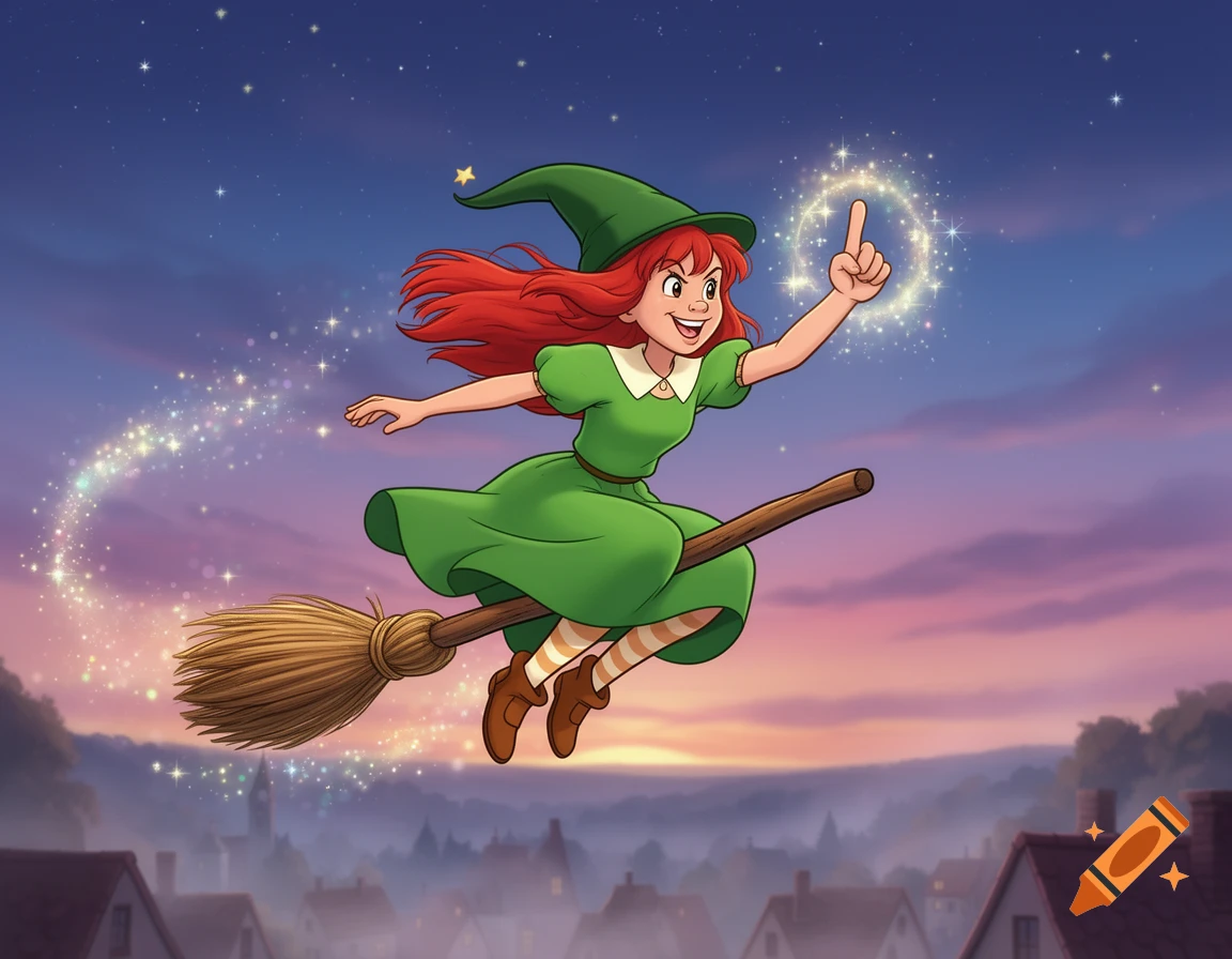 A joyful red-haired cartoon witch flies on a broomstick over a town at dusk, pointing her sparkling finger towards a star.