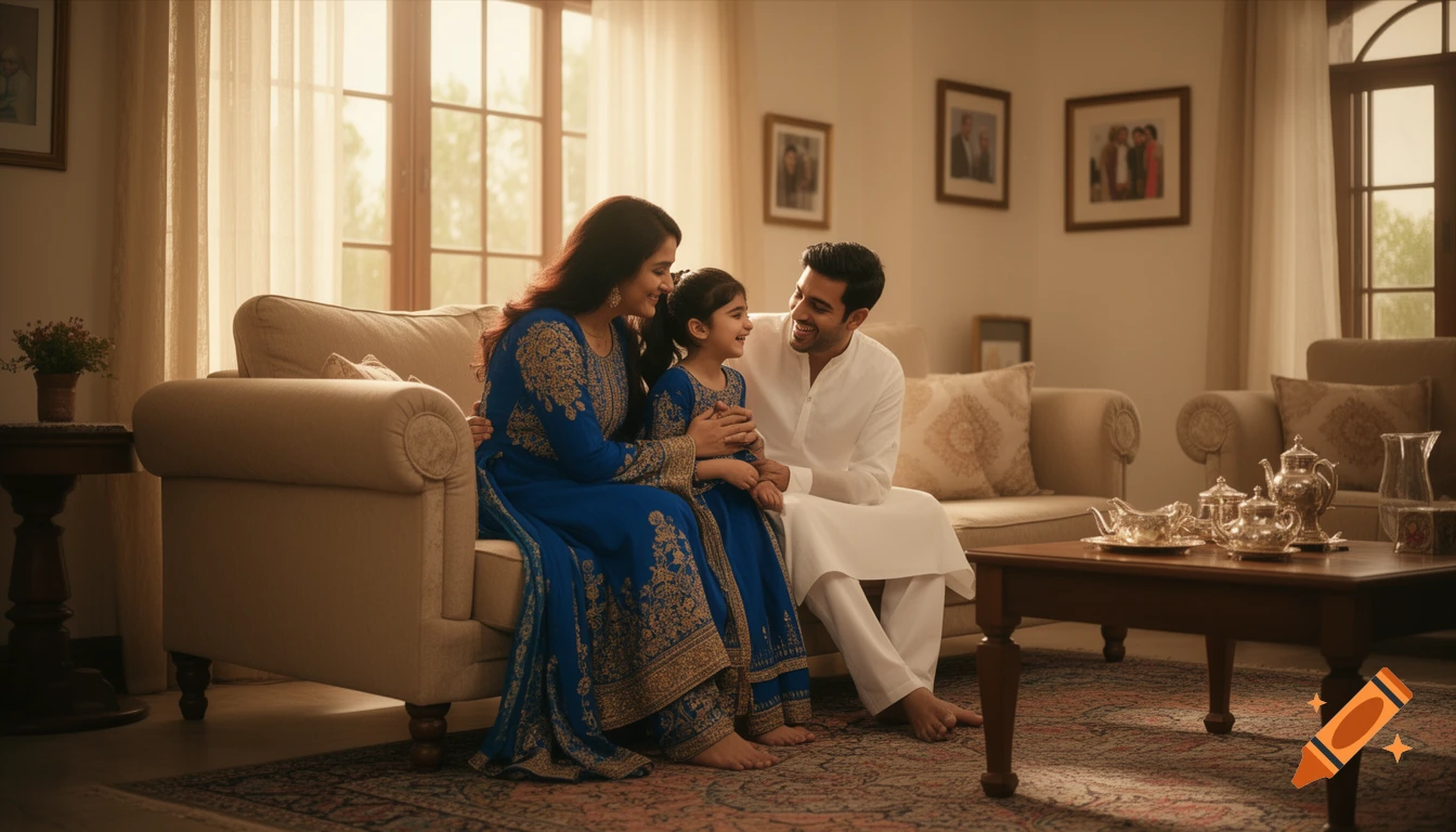 A happy Pakistani family, a mother, father, and daughter, smile and laugh together on a couch in a cozy, sunlit living room with cinematic lighting.