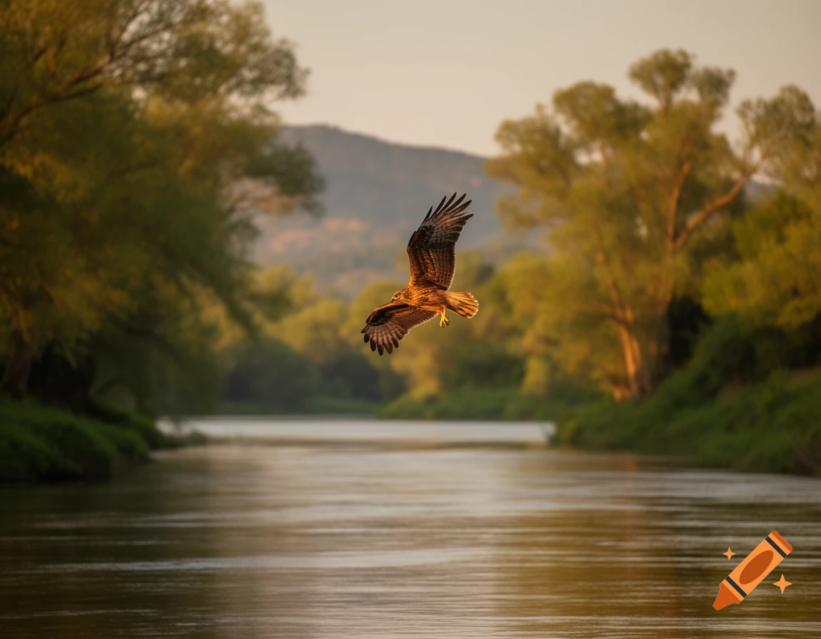 A hawk soars above a calm river at sunset, flanked by lush green trees and distant mountains.