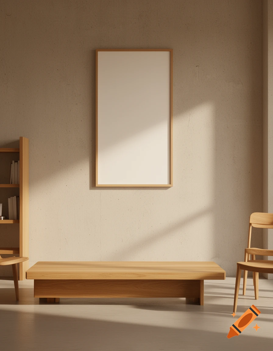 Minimalist living room with a blank vertical picture frame on a beige concrete wall, modern oak furniture, and soft natural side lighting.
