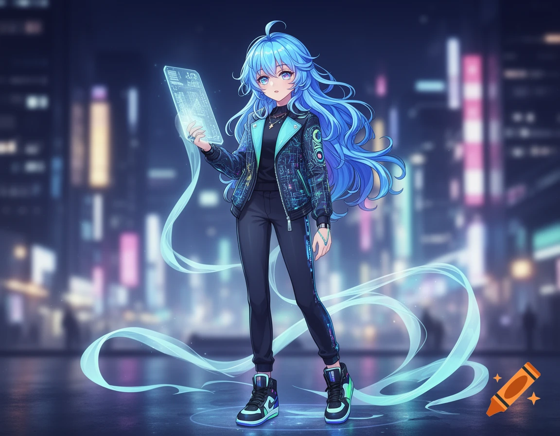 Anime girl with blue hair in a futuristic jacket holds a glowing transparent tablet in a night city.