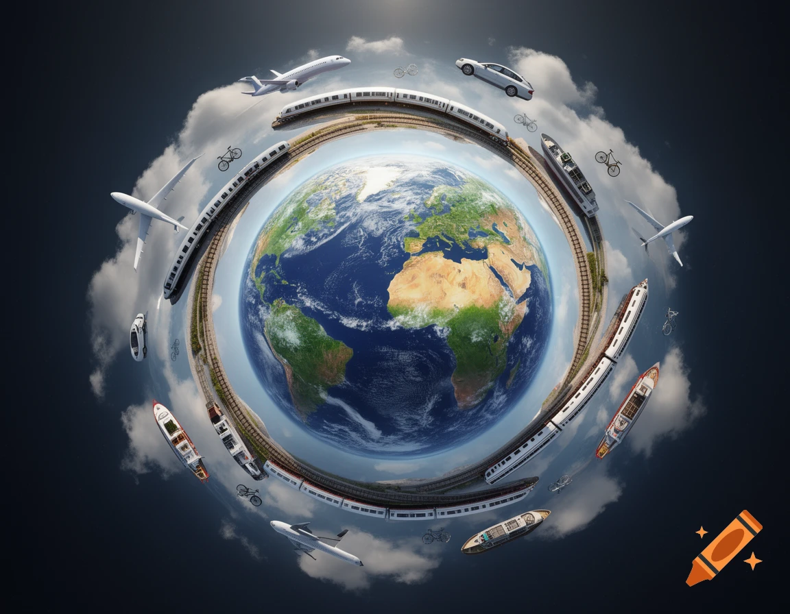 Photorealistic depiction of Earth orbited by various modes of transport: planes, trains, cars, ships, and bicycles, against a dark sky.