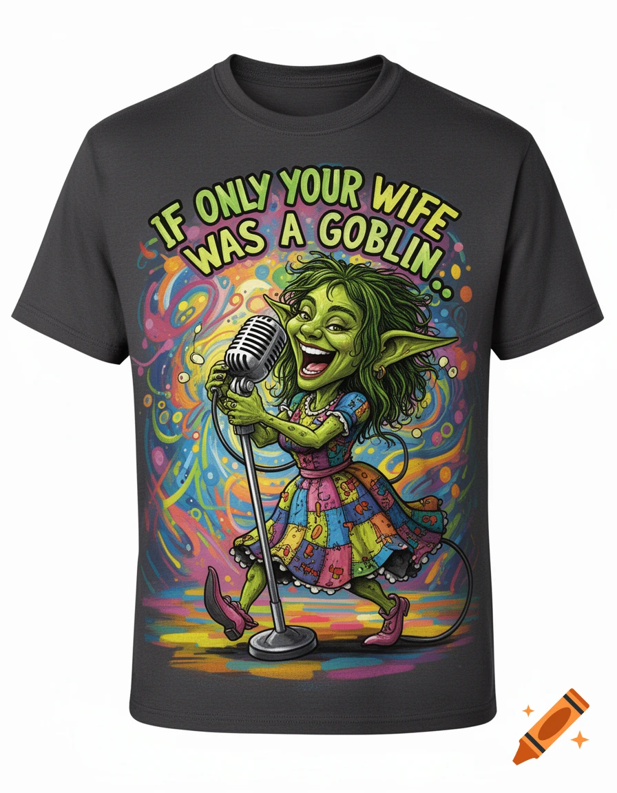 Dark grey t-shirt featuring a vibrant cartoon green goblin singing into a microphone with text 'IF ONLY YOUR WIFE WAS A GOBLIN..'.