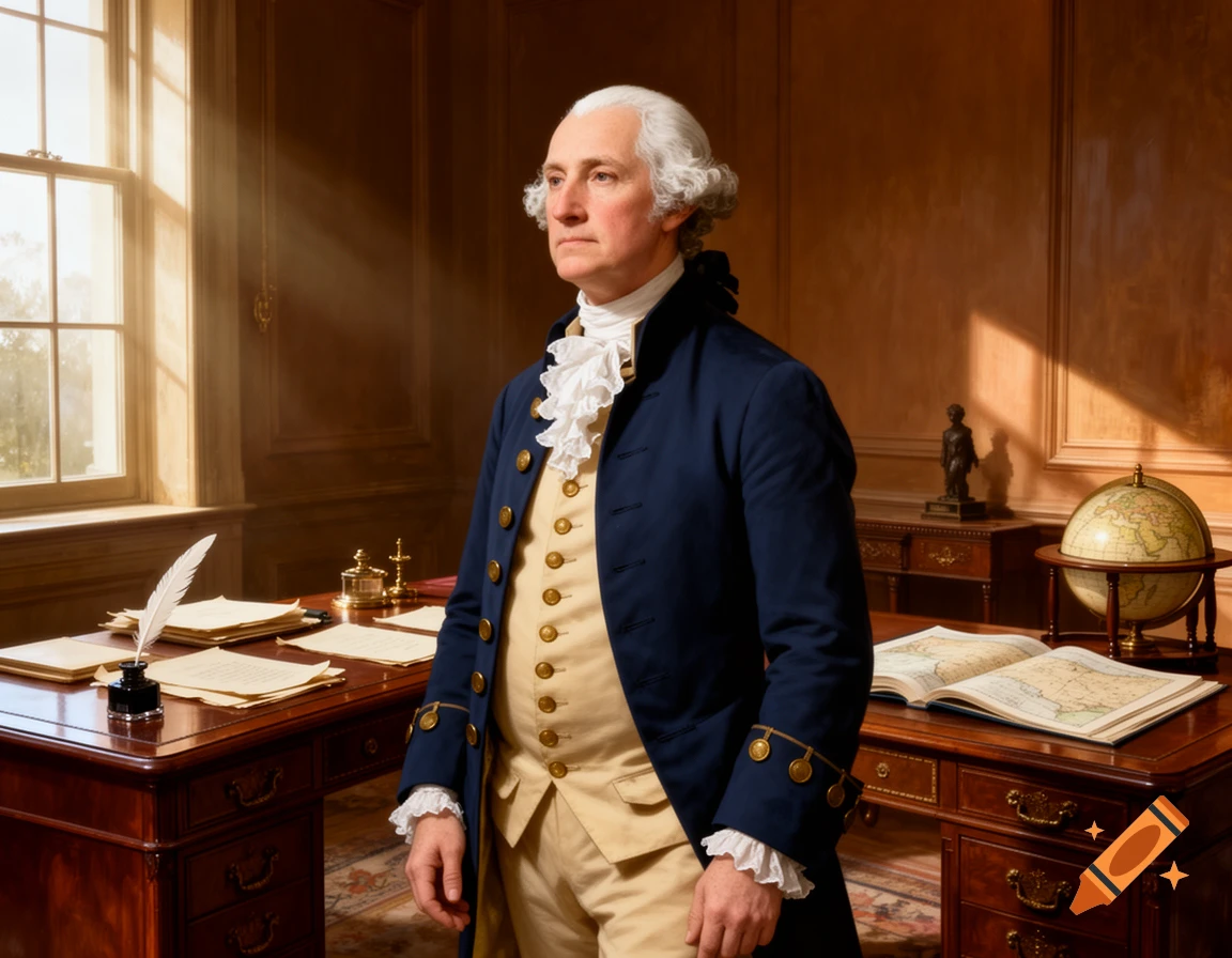 Photorealistic portrait of George Washington in a colonial office with two wooden desks, an open map book, and a globe.