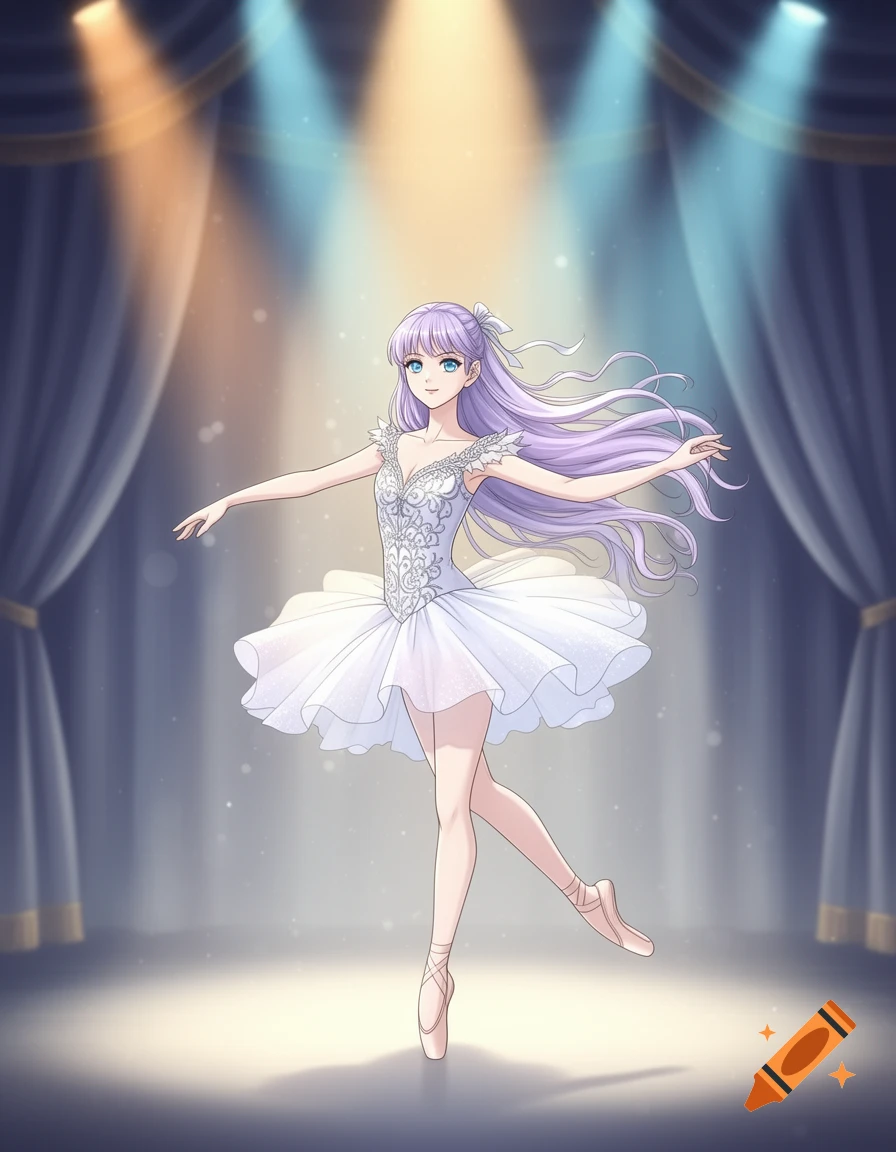 An anime ballerina with long purple hair, wearing a white tutu and pointe shoes, dancing on a stage under spotlights.