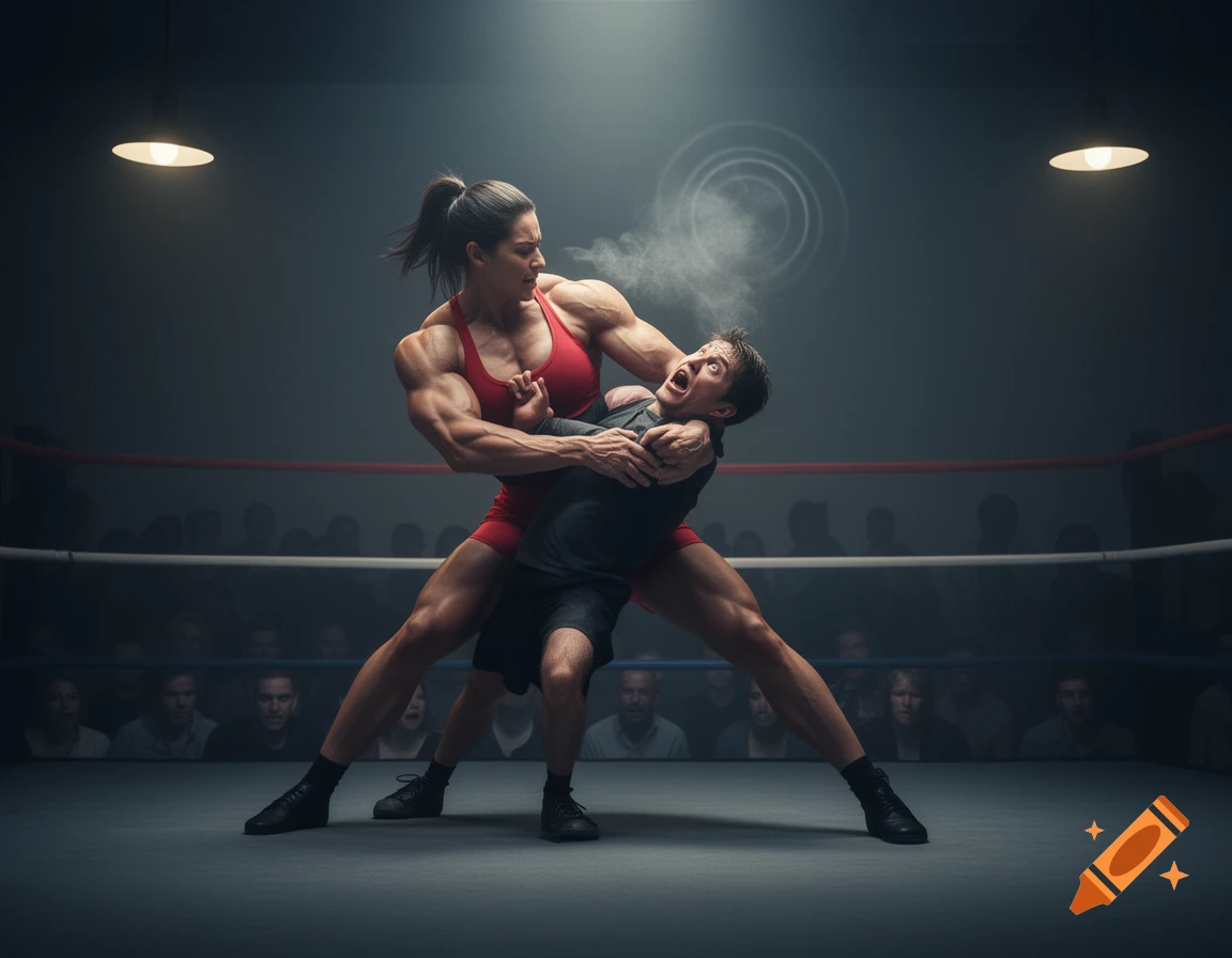 A highly muscular woman in red wrestling gear holds a smaller man in a headlock in a dimly lit boxing ring, as he gasps with a cloud of smoke near his face. Spectators watch in the background.