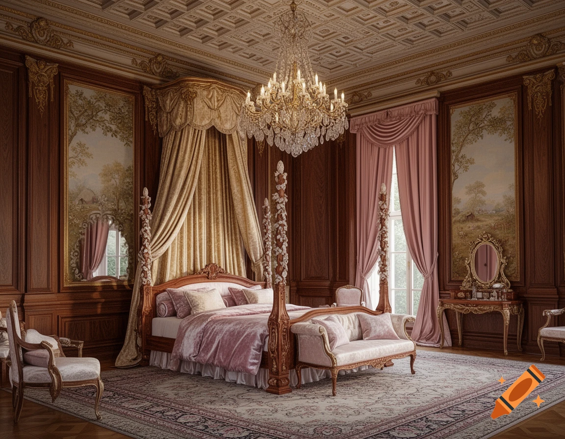 A lavish classical European bedroom with a four-poster bed, ornate chandelier, and pink and gold decor.