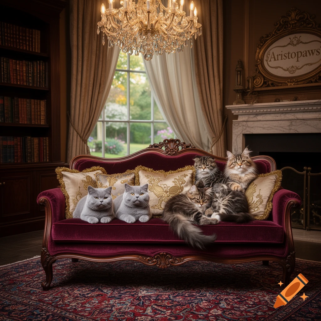 Five cats and kittens lounge on a luxurious red velvet sofa in an opulent room with a crystal chandelier and garden view.