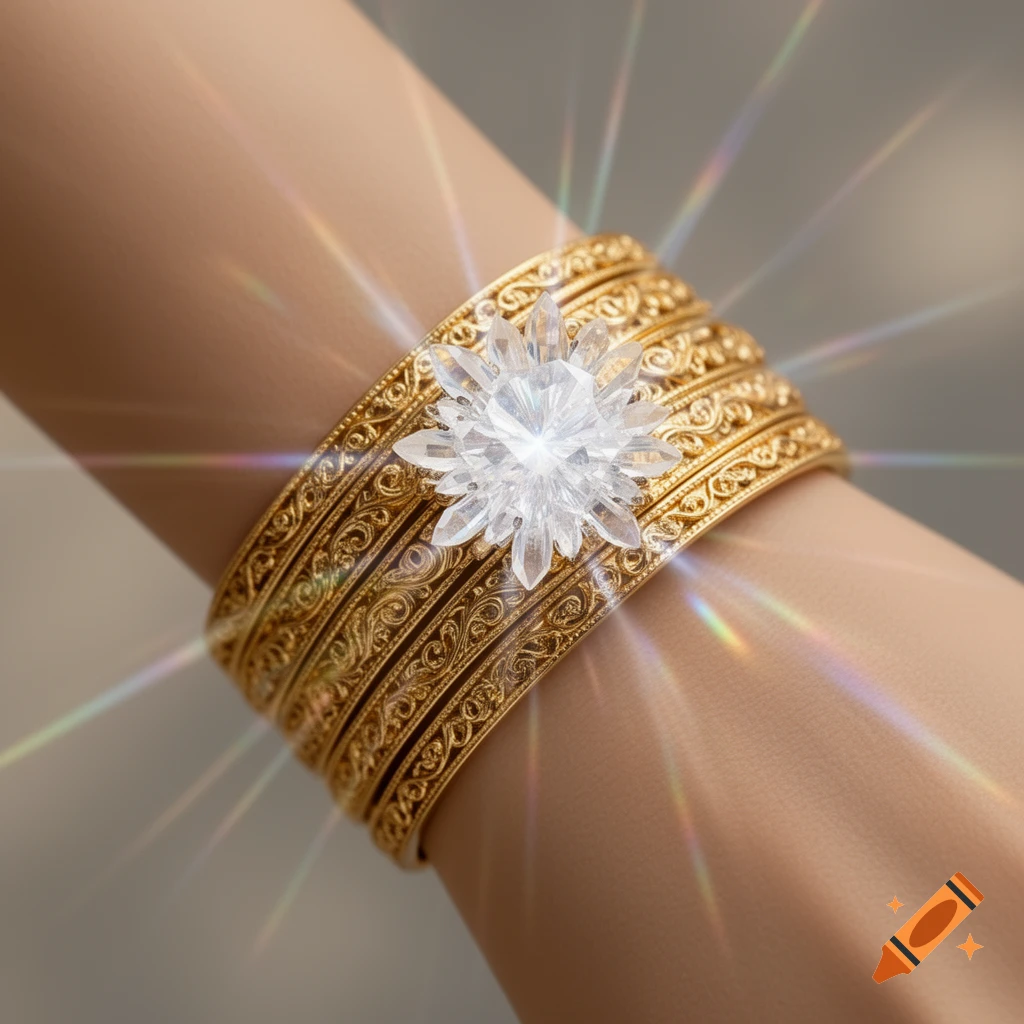 A close-up of a multi-layered gold bracelet with intricate patterns on an arm. A spiky, clear quartz crystal adorns the center, emitting bright light rays.