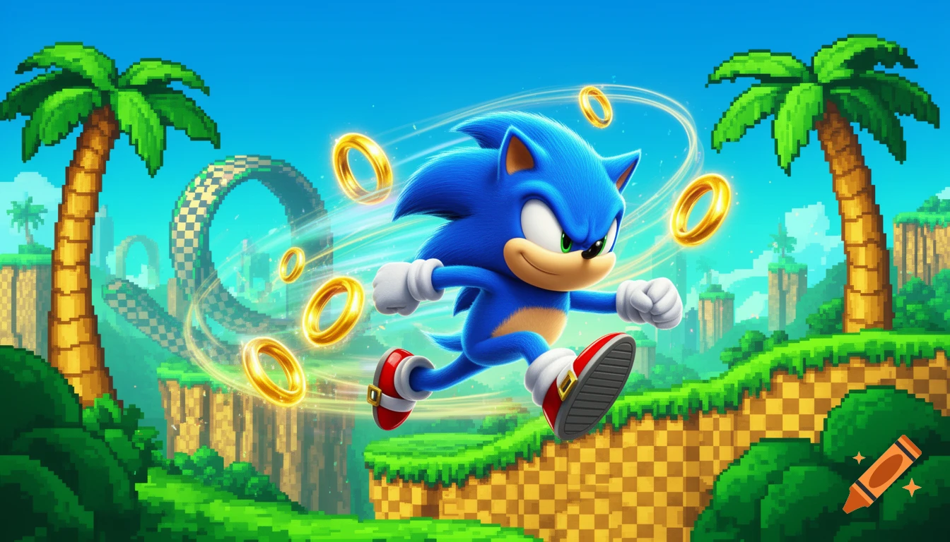 Sonic the Hedgehog runs through a vibrant, stylized Green Hill Zone with pixelated landscapes and golden rings.