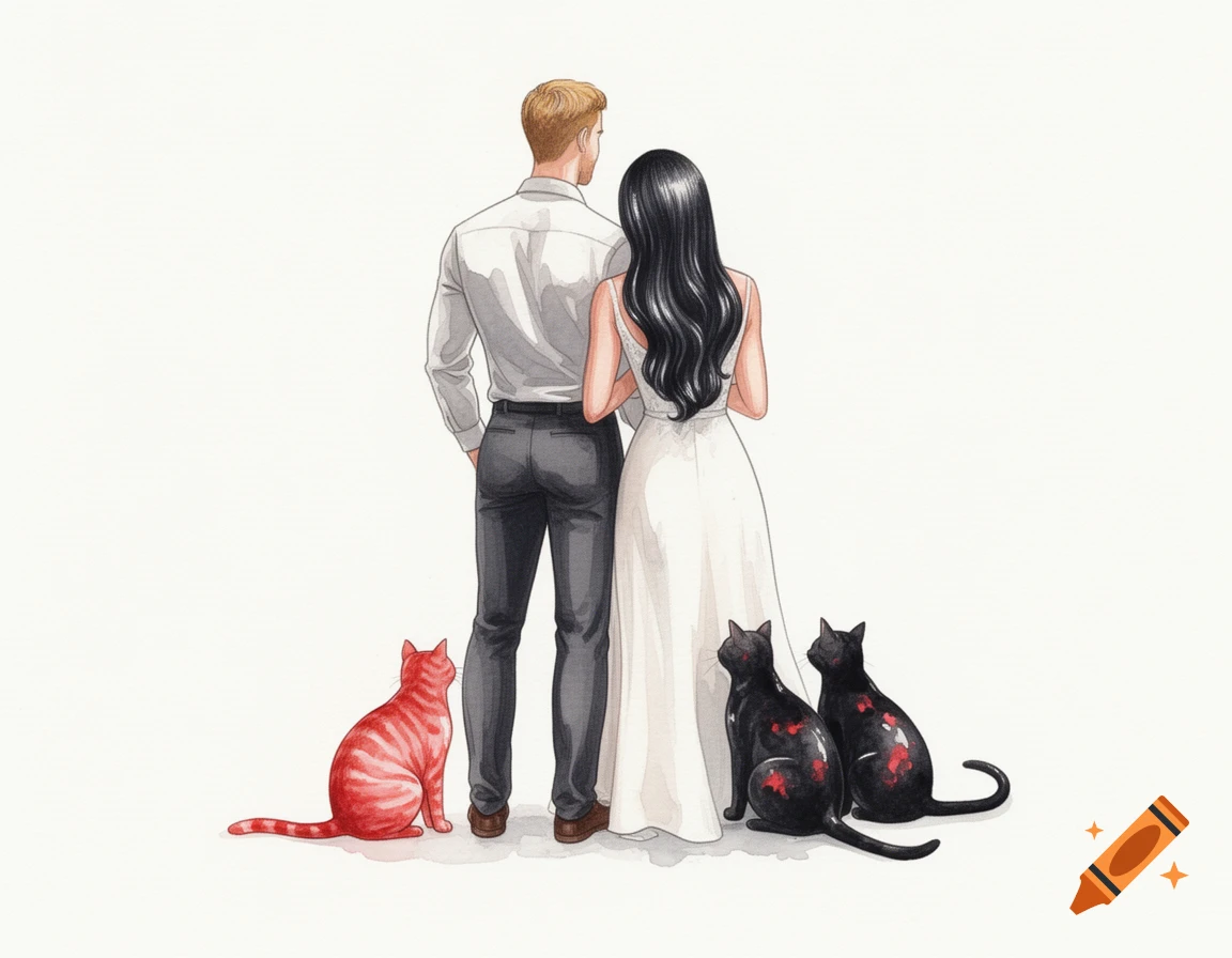 Watercolor illustration of a couple seen from behind, standing with a striped red cat and two black cats with red spots.