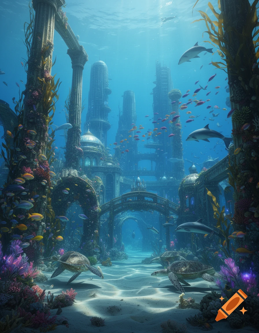 A vibrant underwater civilization with towering ruins, modern buildings, sea turtles, dolphins, and schools of fish among colorful coral.