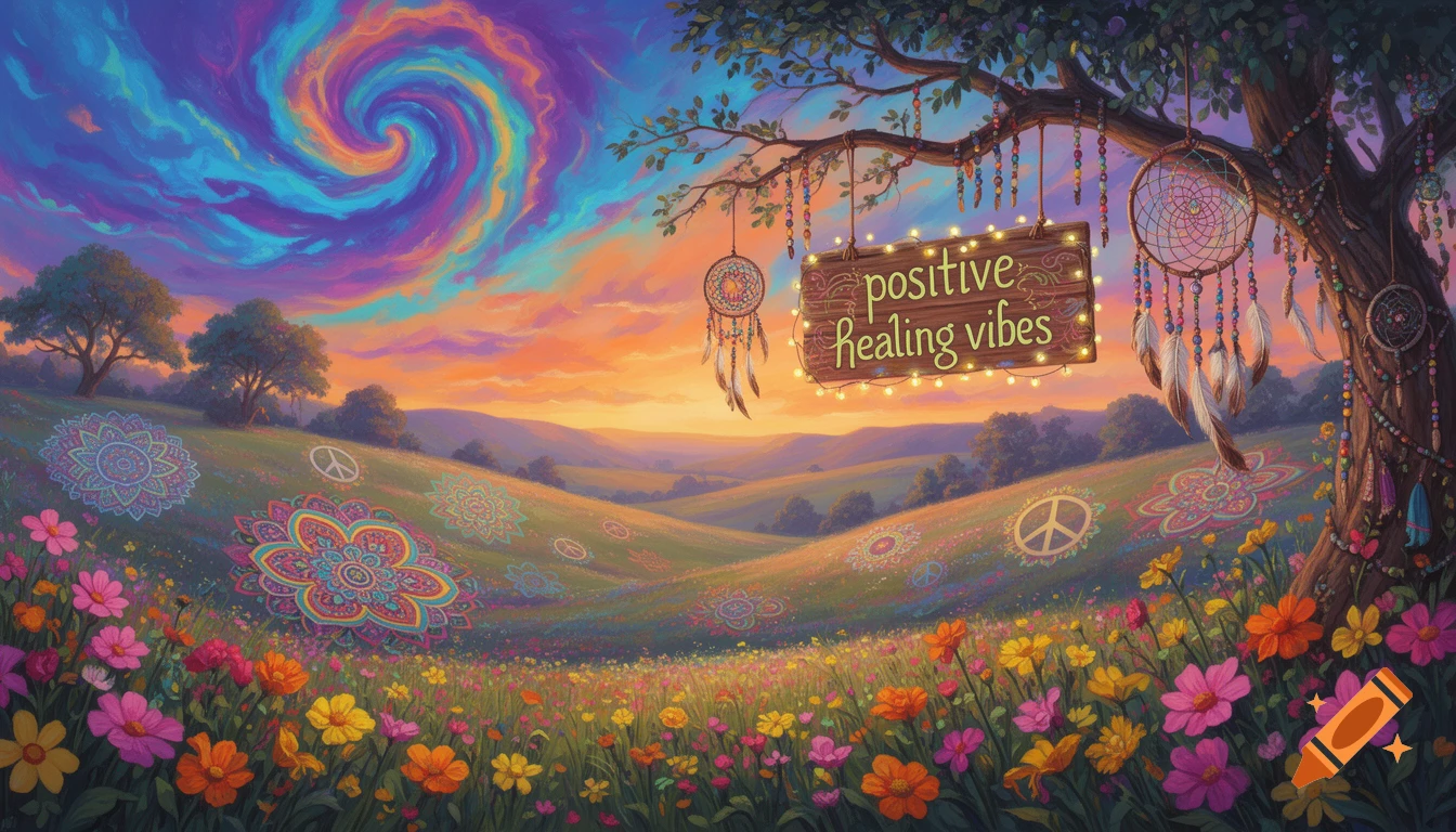 A vibrant, psychedelic landscape with a colorful sunset sky, a field of flowers, mandalas, peace signs, and a tree adorned with dreamcatchers and a 'positive healing vibes' sign.