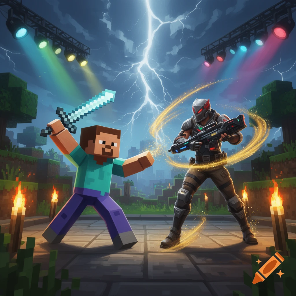 Minecraft's Steve with a sword confronts a Fortnite character with a gun under lightning and stage lights.