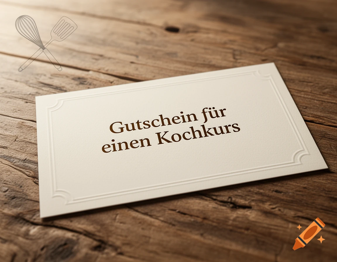 A beige gift voucher with 'Gutschein f u00fcr einen Kochkurs' text on a wooden table, with crossed cooking utensils in the background.