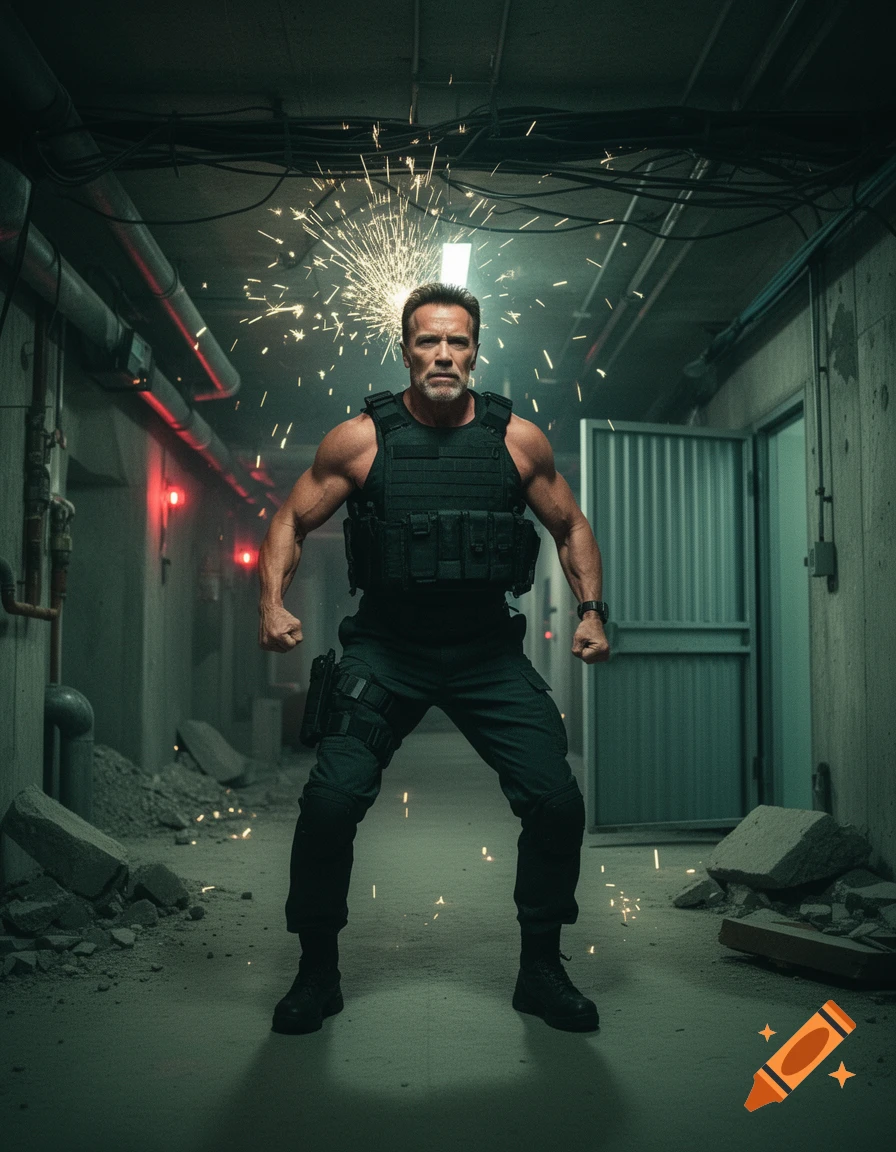 Arnold Schwarzenegger in a tactical vest stands in a dark, debris-filled corridor with sparks flying.
