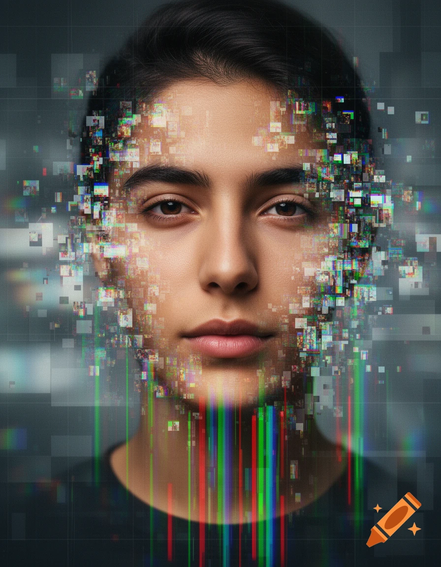 Close-up digital art portrait of a young person's face, half-dissolving into colorful digital glitch pixels and vertical color bars.
