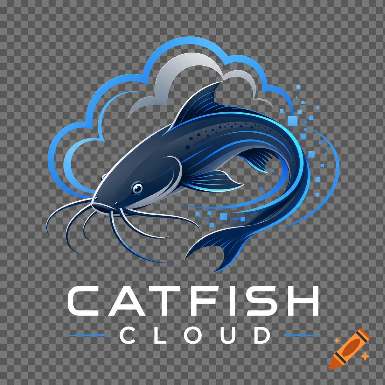 Stylized dark blue catfish with blue and white cloud shapes and digital particles, above the text "CATFISH CLOUD".