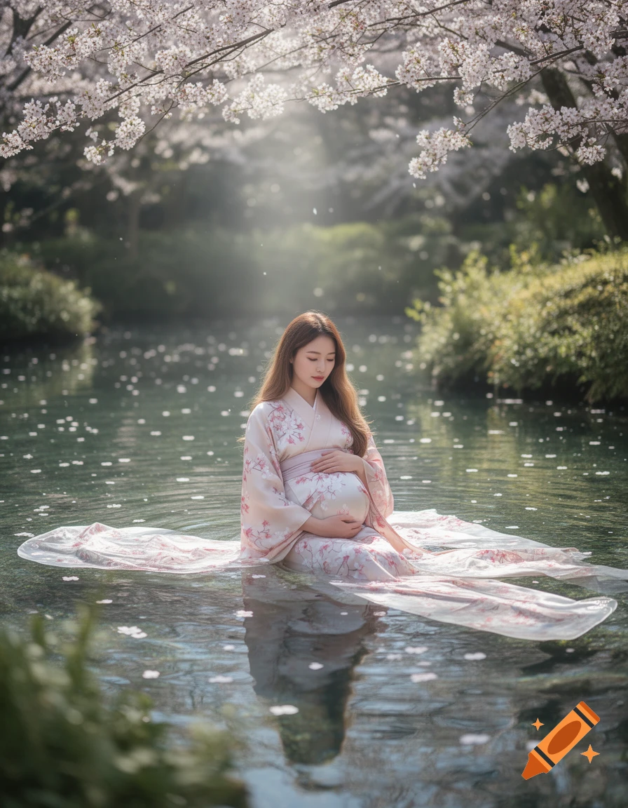 A pregnant woman in a pink floral kimono sits in shallow water under blooming cherry trees, cradling her belly.