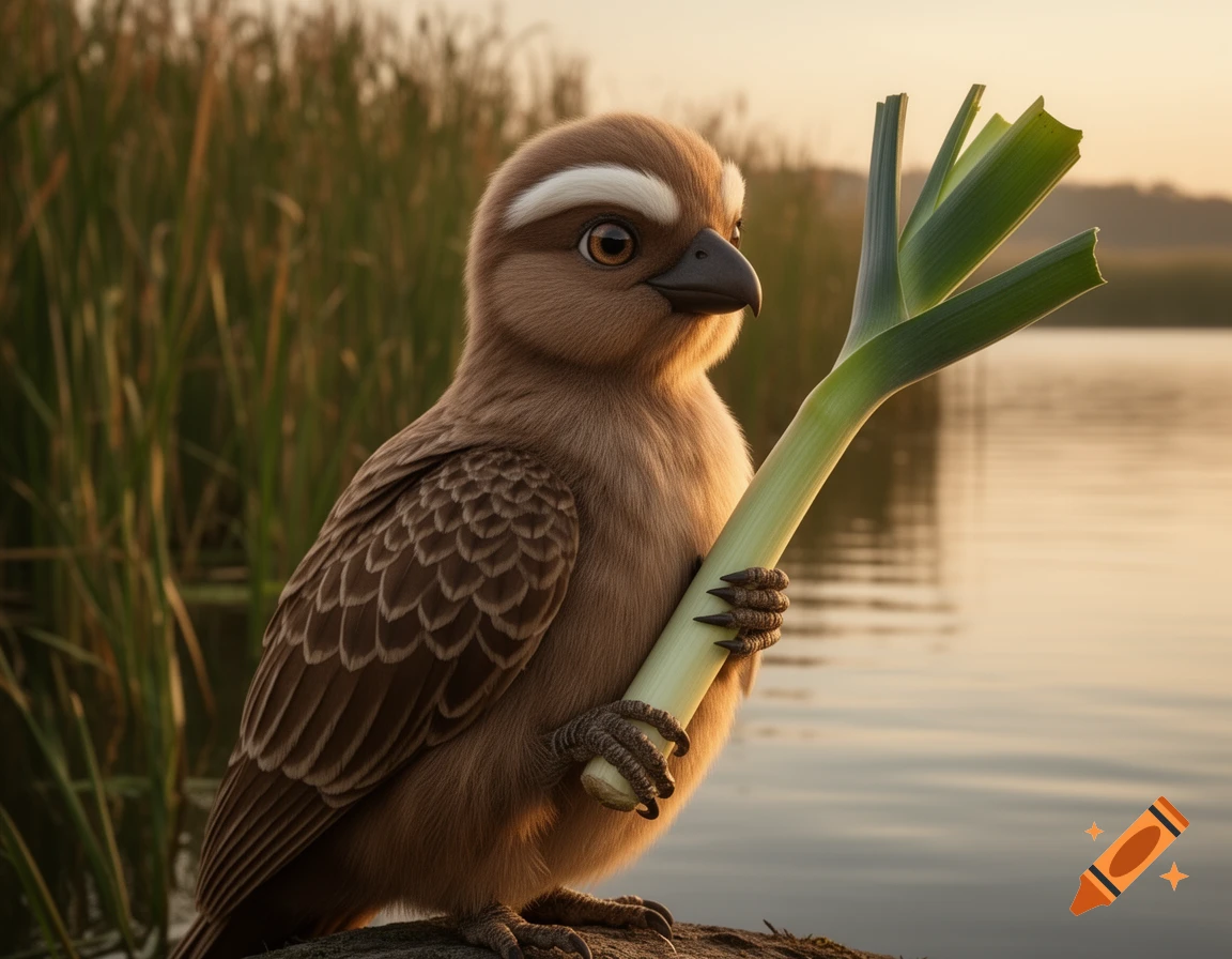 A fluffy, brown, bird-like creature with large eyes stands by a lake, holding a large green leek in its claws at sunset.
