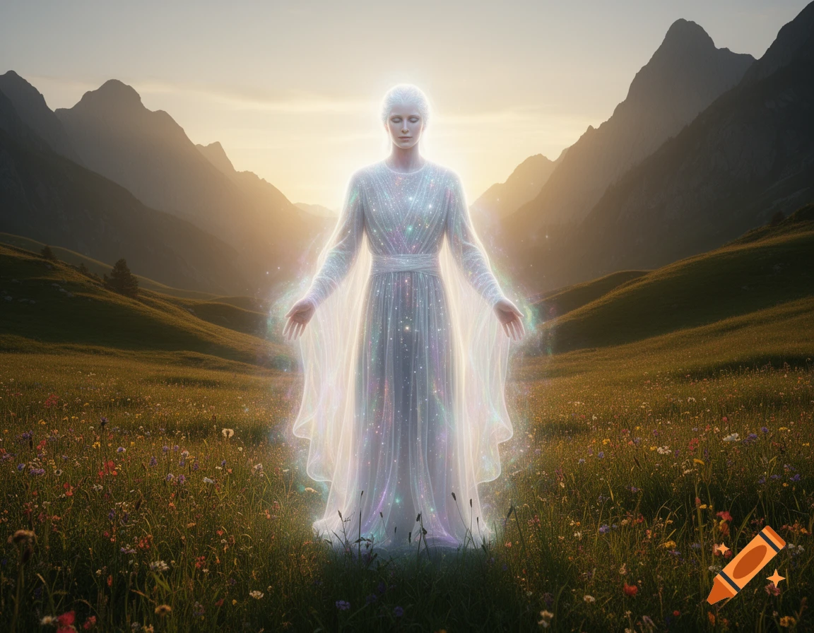An ethereal glowing figure in a sparkling white gown stands in a sunlit wildflower meadow with mountains at sunset.
