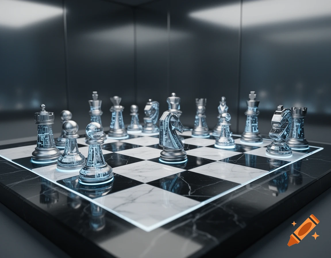 A close-up of a futuristic chess board with transparent, circuit-patterned pieces and glowing blue lines on a black and white marble board.
